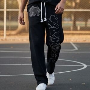 100% Cotton Rhinestone Crytal Wide Leg Pants French Terry Washed Mens Trackpsnts